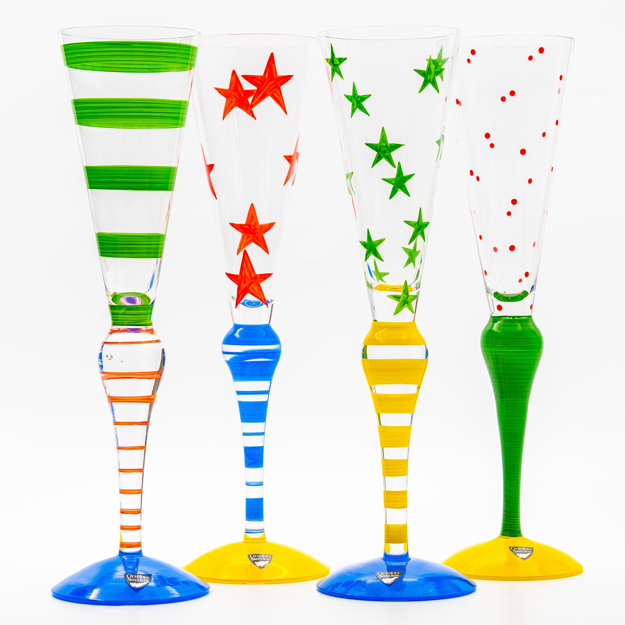 ANNE NILSSON. Orrefors „Clown“ Champagnergläser (4 Stück).