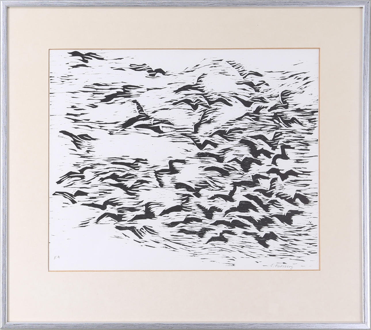 EVA FORSBERG-SJÖGREN. Fåglar i flykten, grafiskt blad, signerat "E A" resp "E Forsberg", 1900-talets sista fjärdedel.