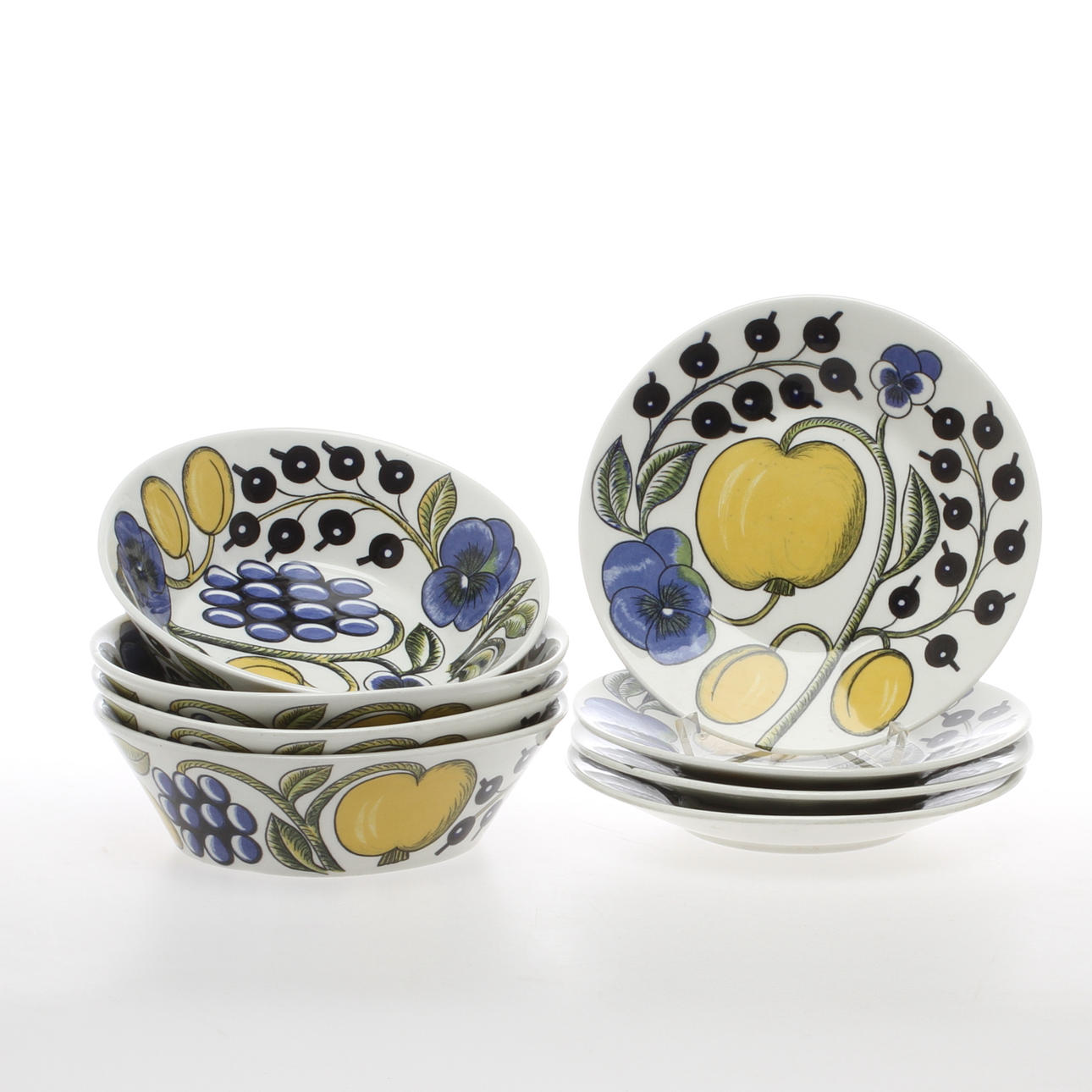 SKÅLAR samt ASSIETTER, 4 + 4 st, porslin, "Paratiisi", Birger Kaipiainen för Arabia.