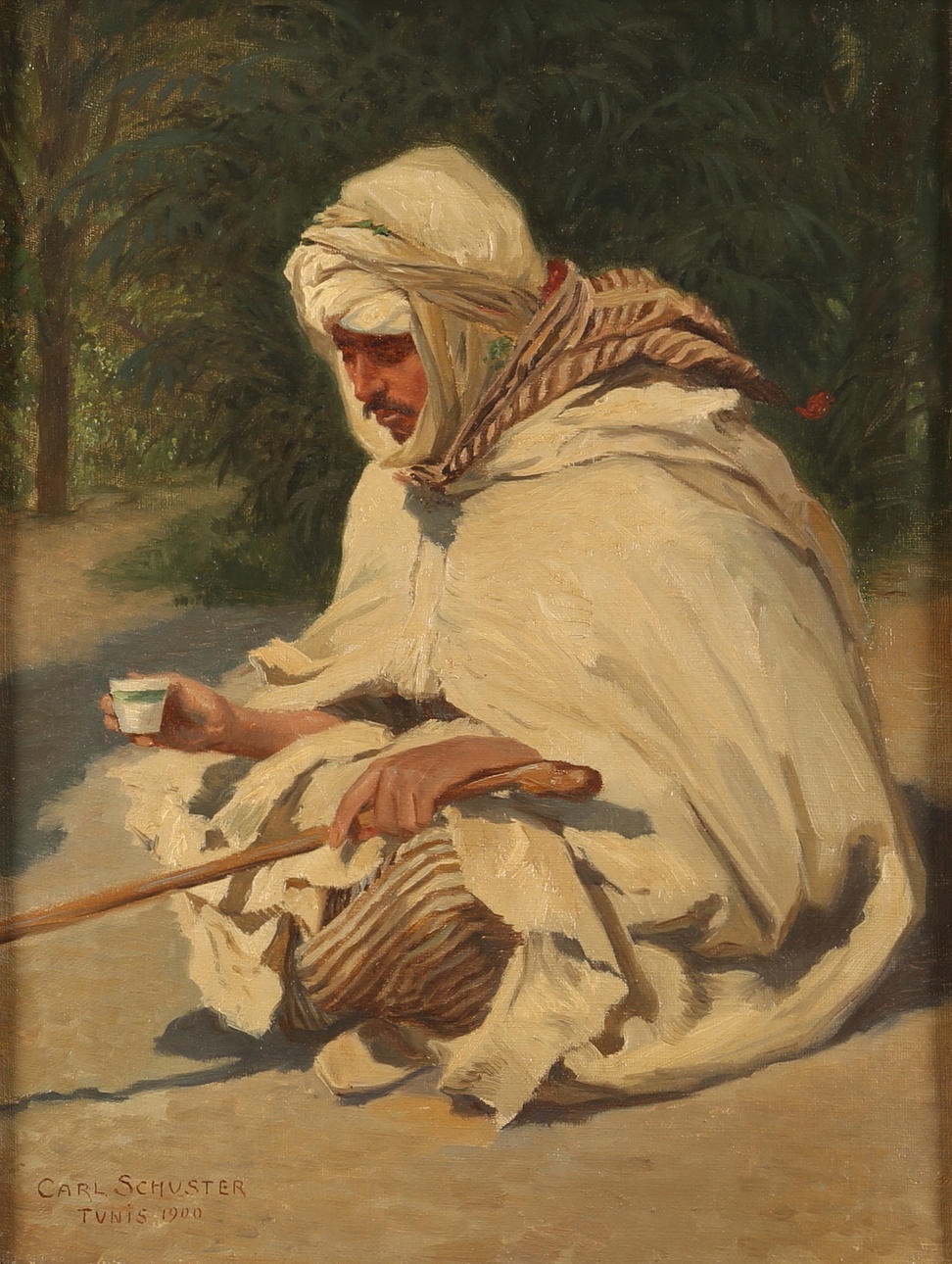 CARL SCHUSTER. Oljemålning på duk, kaffepaus, signerad Tunis 1900.