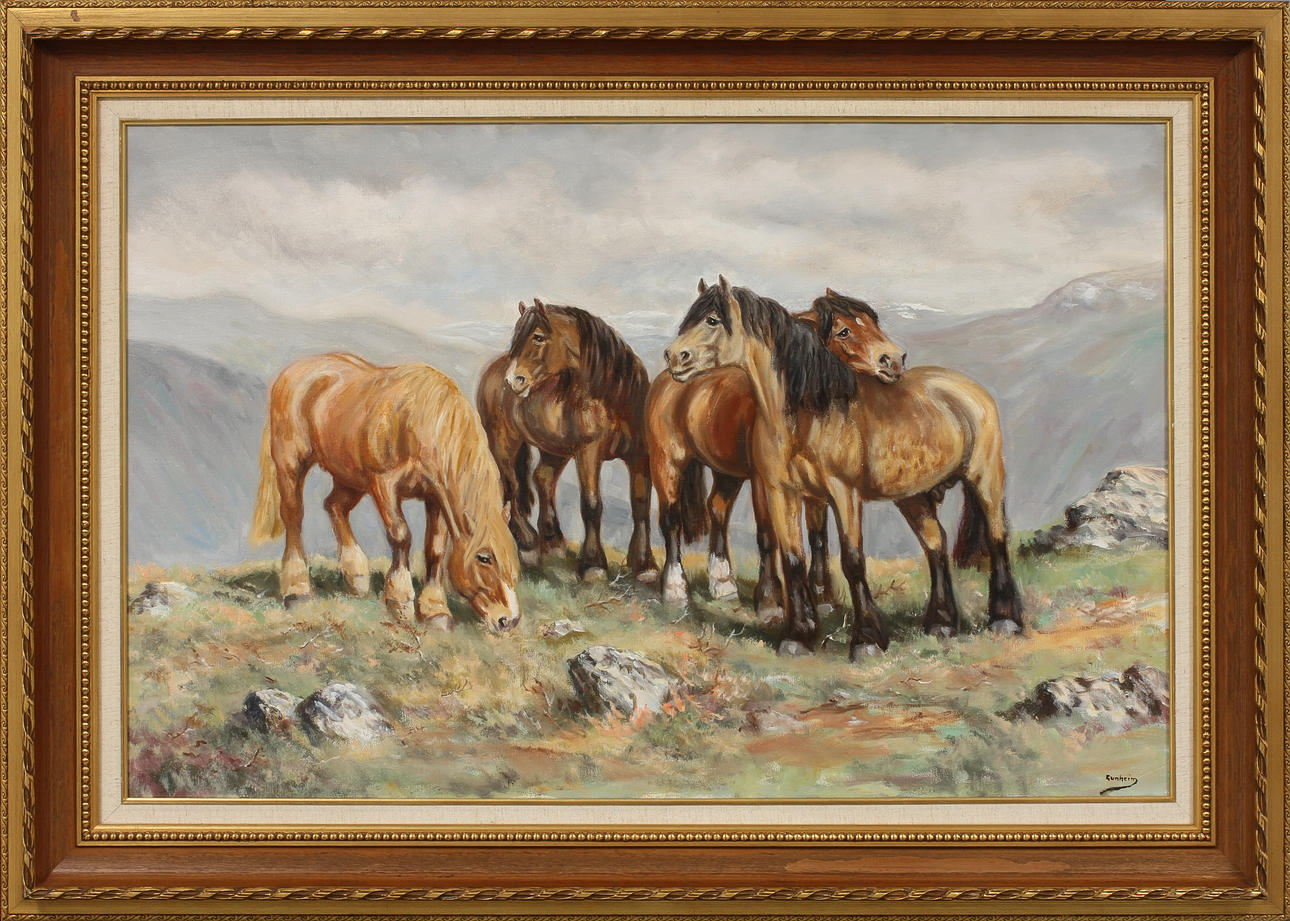 HALVOR GUNHEIM TORSTENSEN. Hästar i fjällandskap. Olja på duk, signerad.
