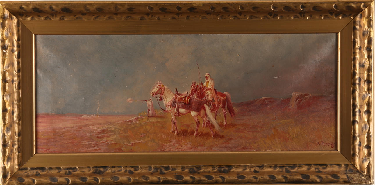 F.  PERCY. Oljemålning på duk, ryttare till häst, orientalisk. Signerad.