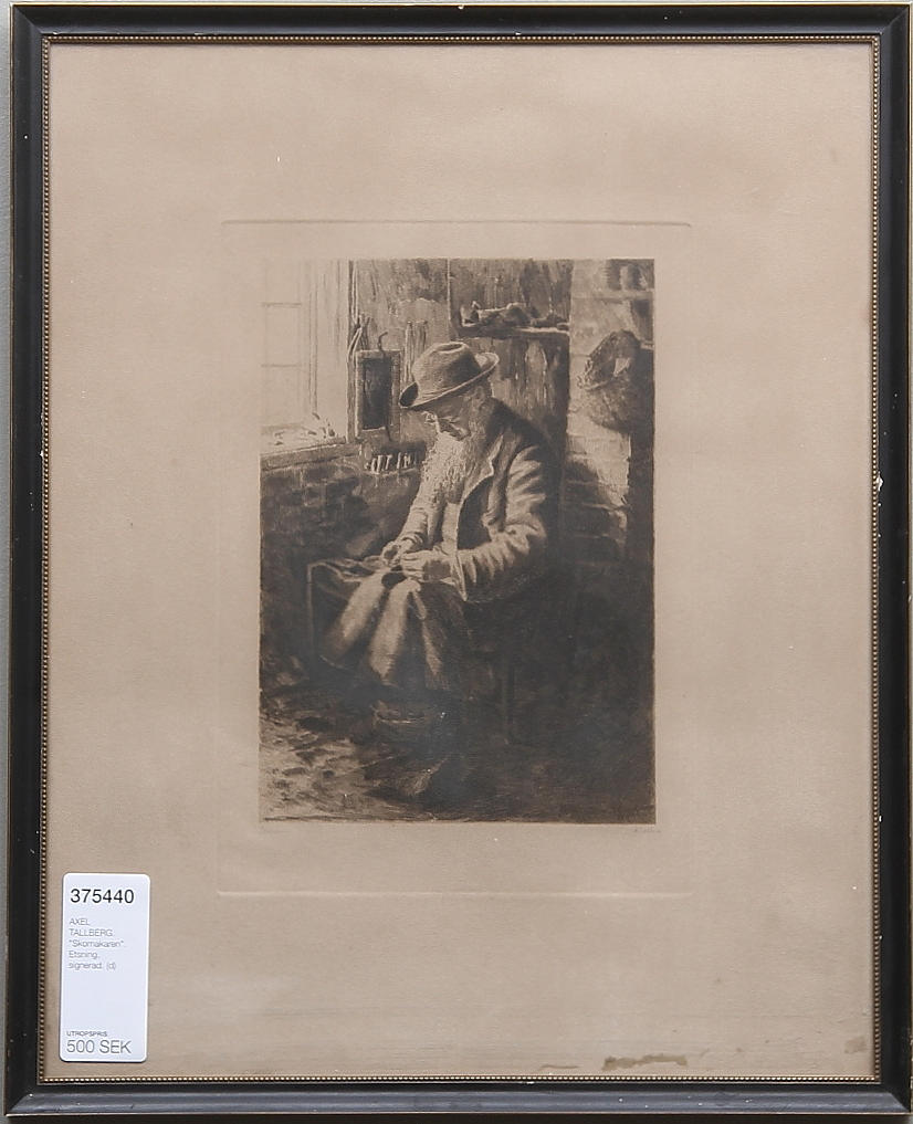 AXEL TALLBERG. "Skomakaren". Etsning, signerad.