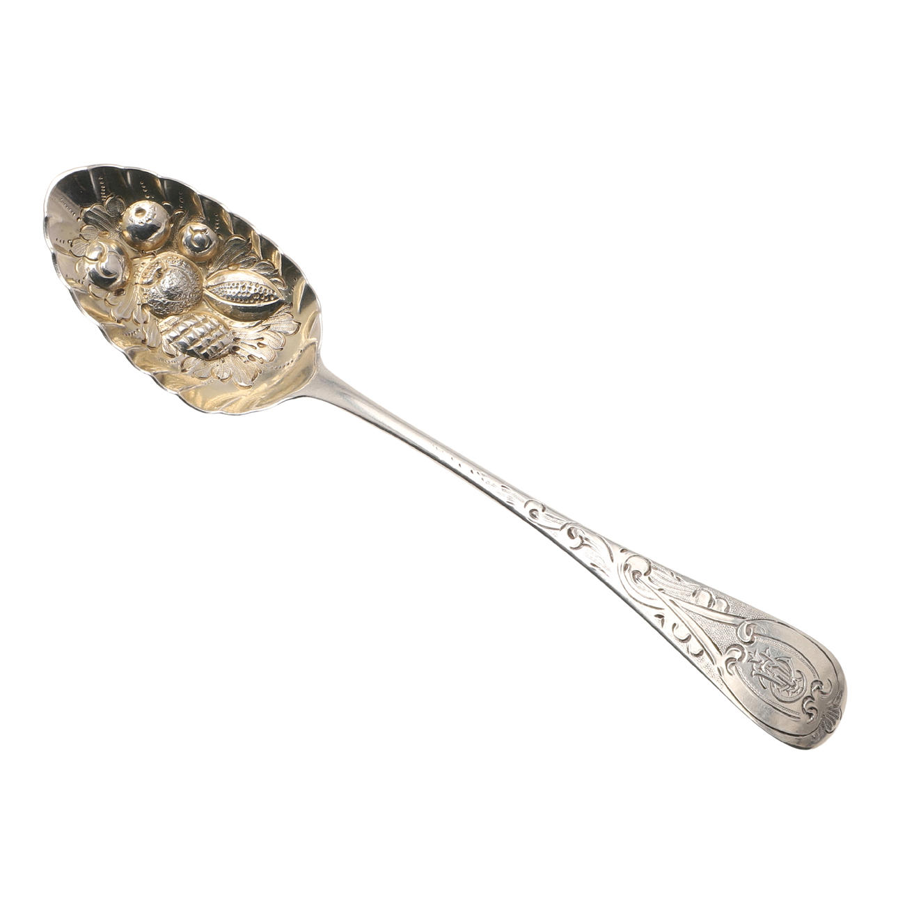 A GEORGE III SILVER BERRY SPOON.