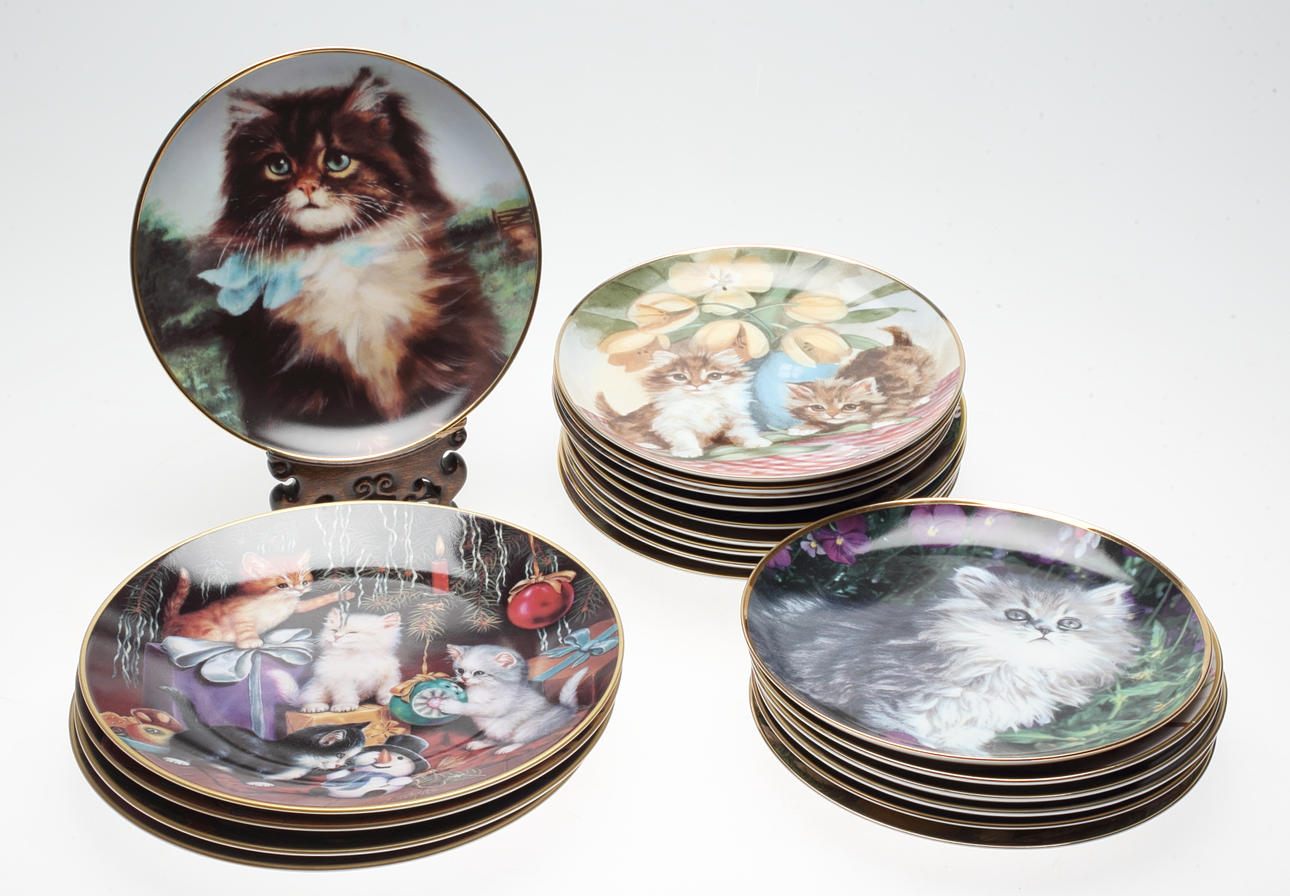 TALLRIKAR, 20 st, porslin, kattmotiv, 1990-tal.