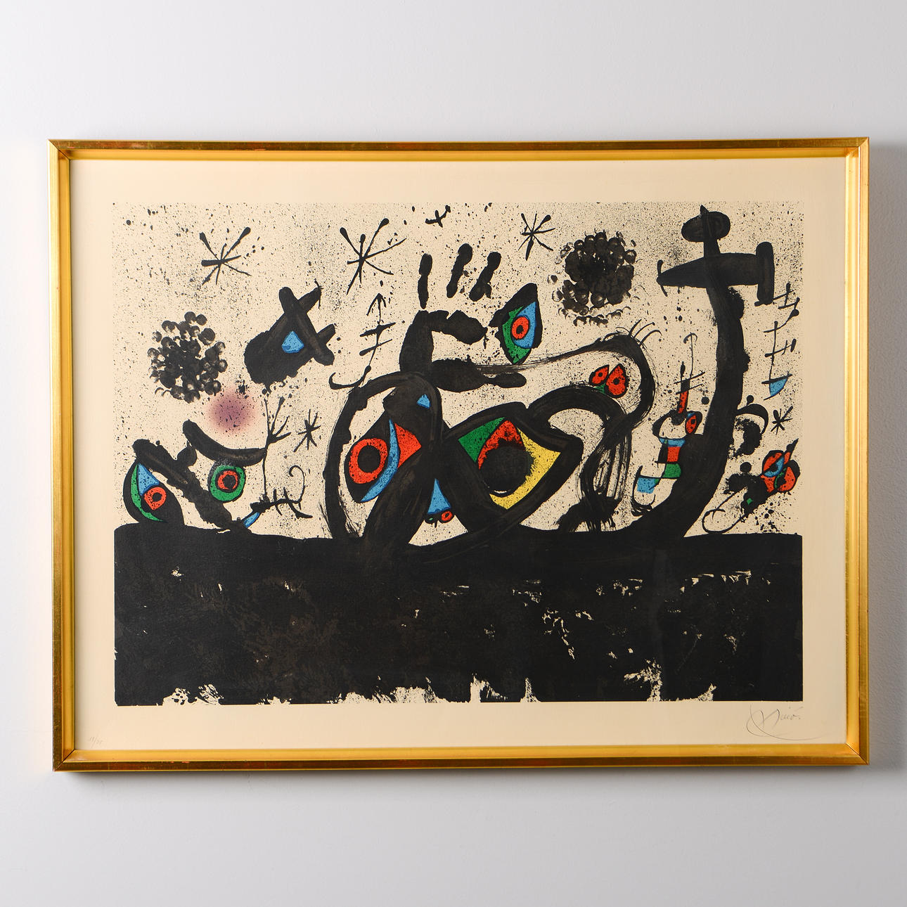 JOAN MIRÓ. Lithograph, abstract composition, “Hommage à Joan Prats” numbered 19/75, signed.