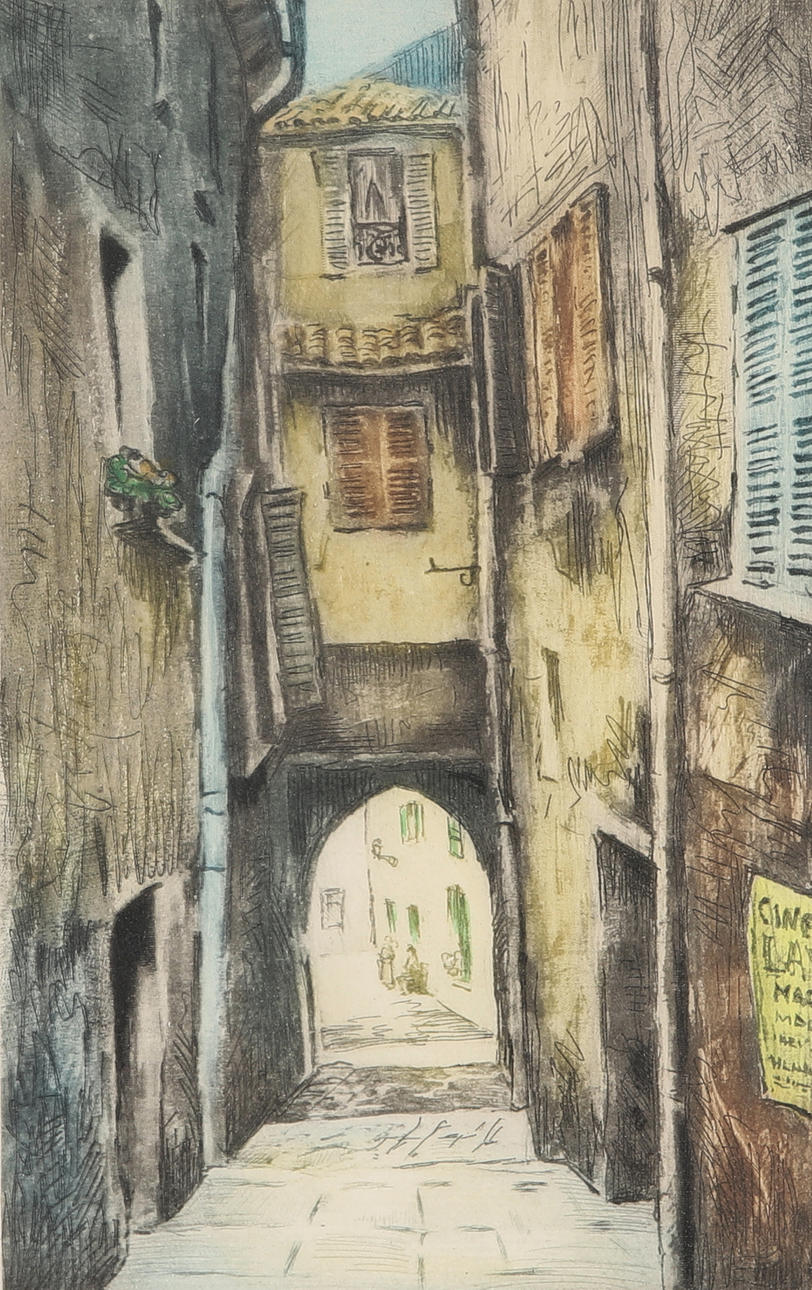 MARCEL JULIAN BARON. Etching, street scene in Paris, signed, Baron.
