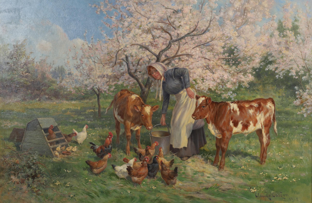 CLAUDE CARDON (1864-1937). FEEDING TIME IN THE ORCHARD.