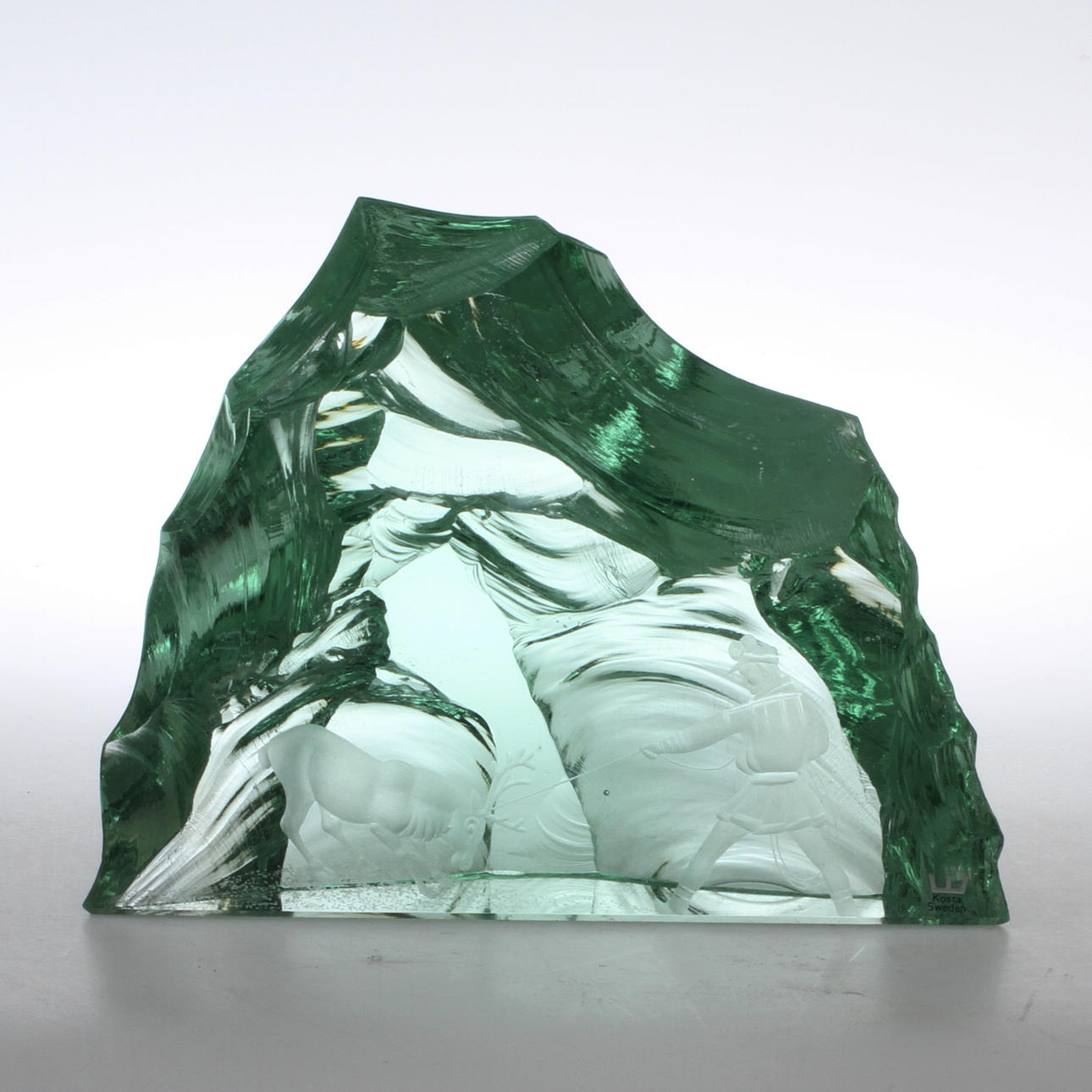 GLASBLOCK, motiv av renskötsel, Vicke Lindstrand, Kosta.