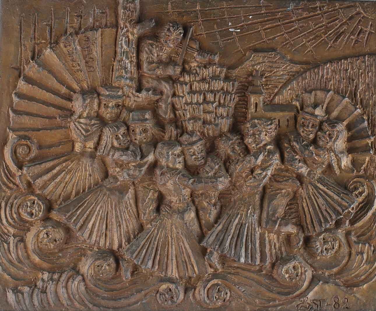 PER NILSSON-ÖST. Väggrelief, "Hårgadansen", brons, signerad samt daterad -82.