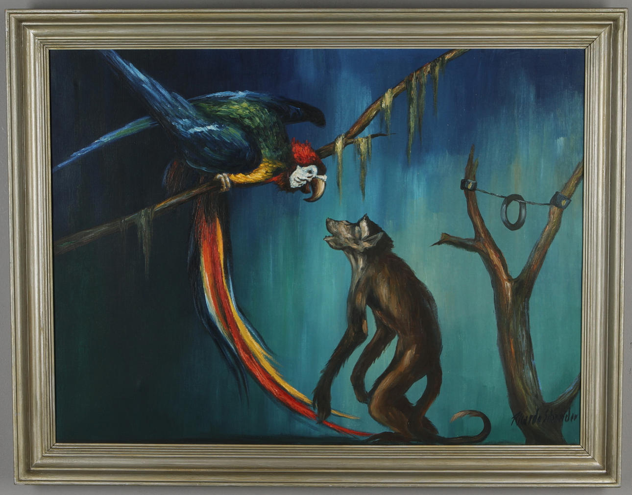 RICARDO SCHNEIDER. Apa och papegoja, olja på duk, signerad.
