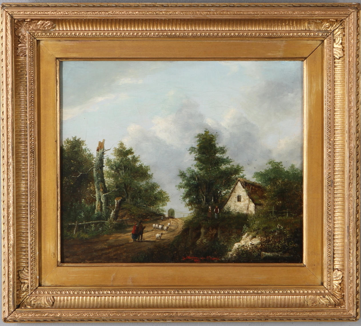 OIDENTIFIERAD KONSTNÄR. Landskap med hus och får, kopia efter Charles Morris, olja på duk, signerad och daterad.