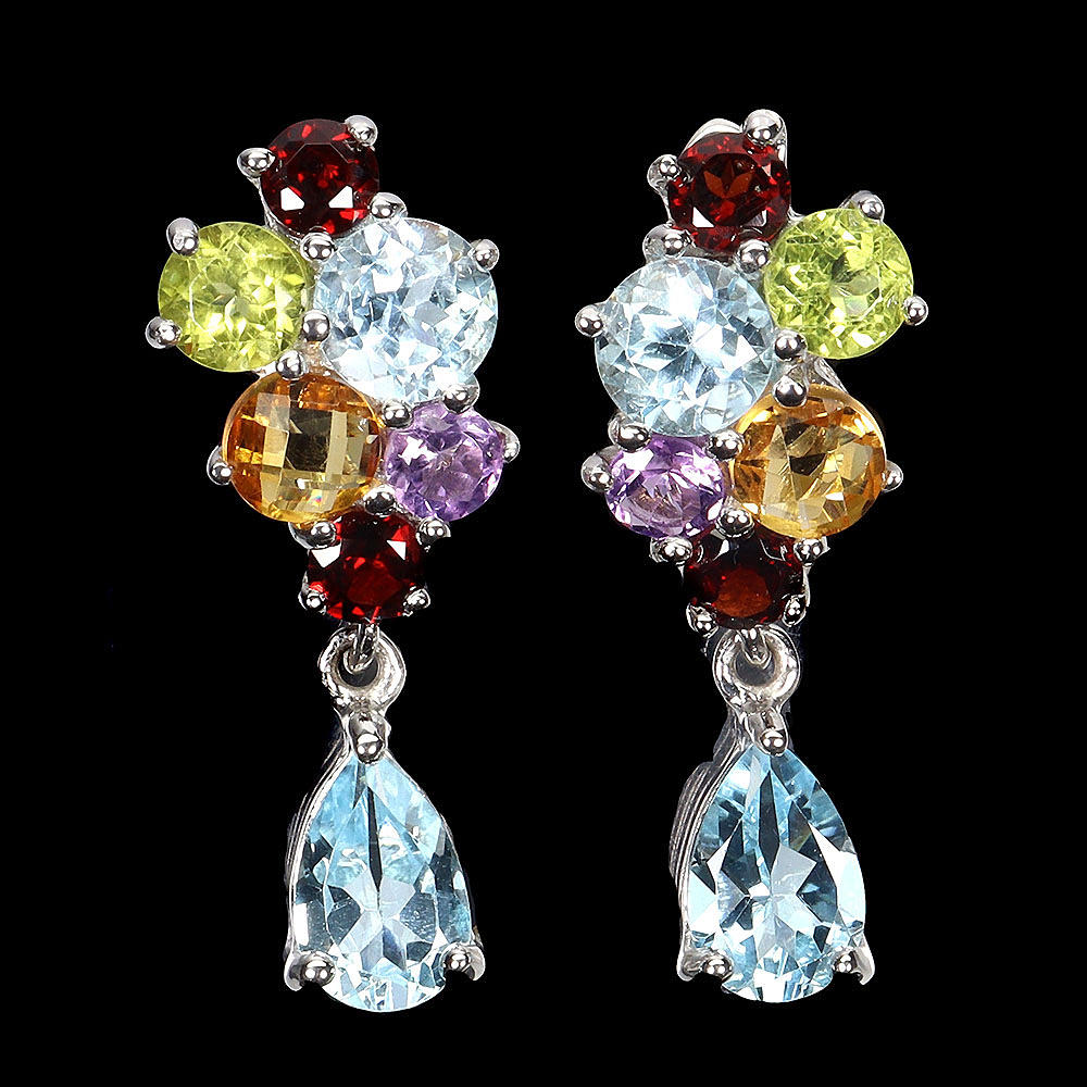 BLUE TOPAZ AND GEMSTONE SILVER EARRINGS.