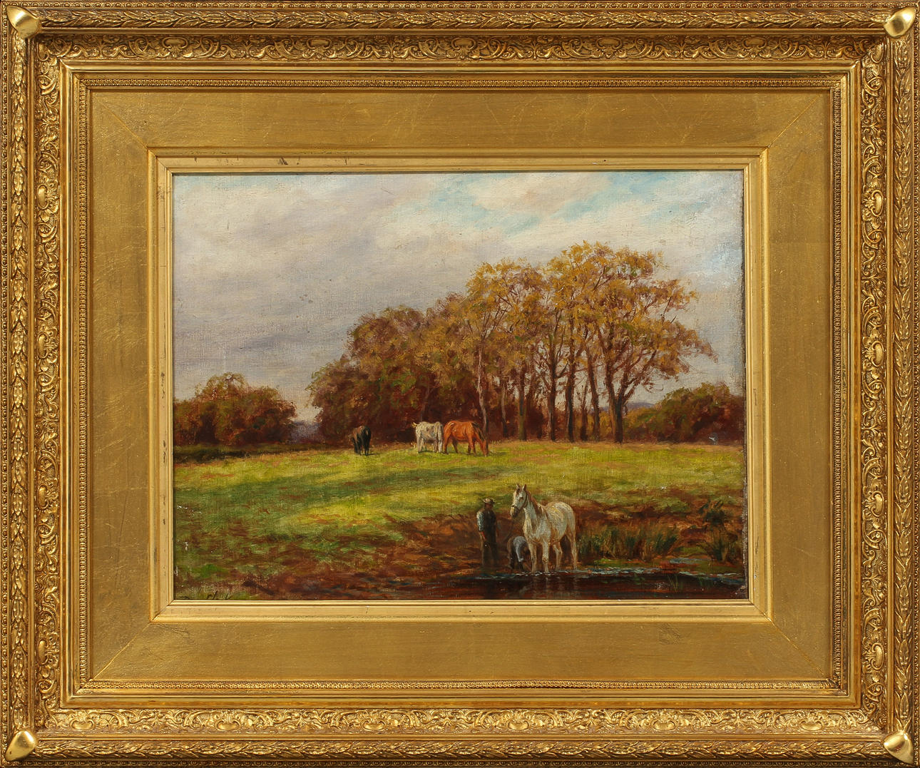 OIDENTIFIERAD KONSTNÄR. Hästar på bete. Olja på duk, England 1800-tal. Bär signatur.