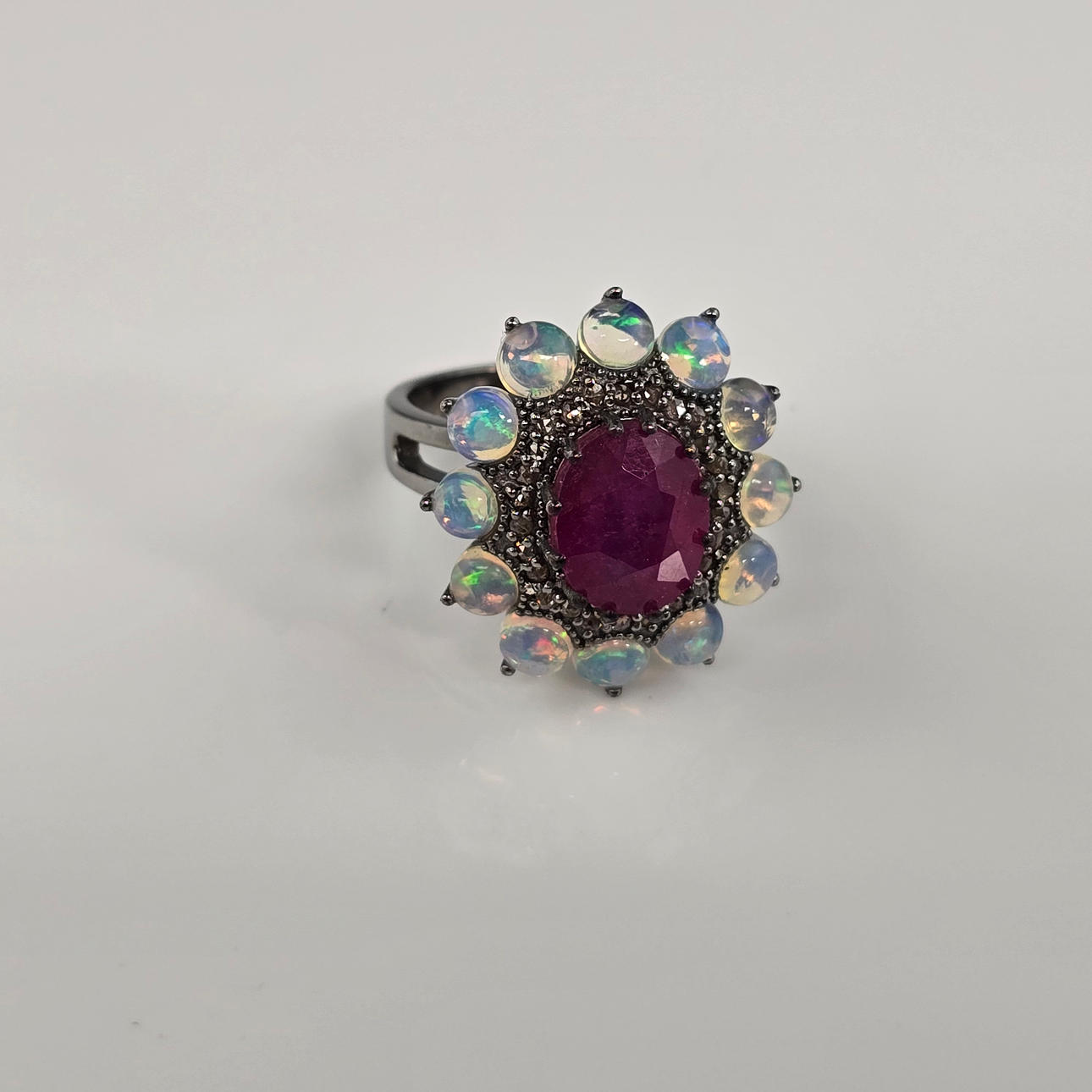 Ruby Ring with Opal, Diamond Accents, 925 Silver.