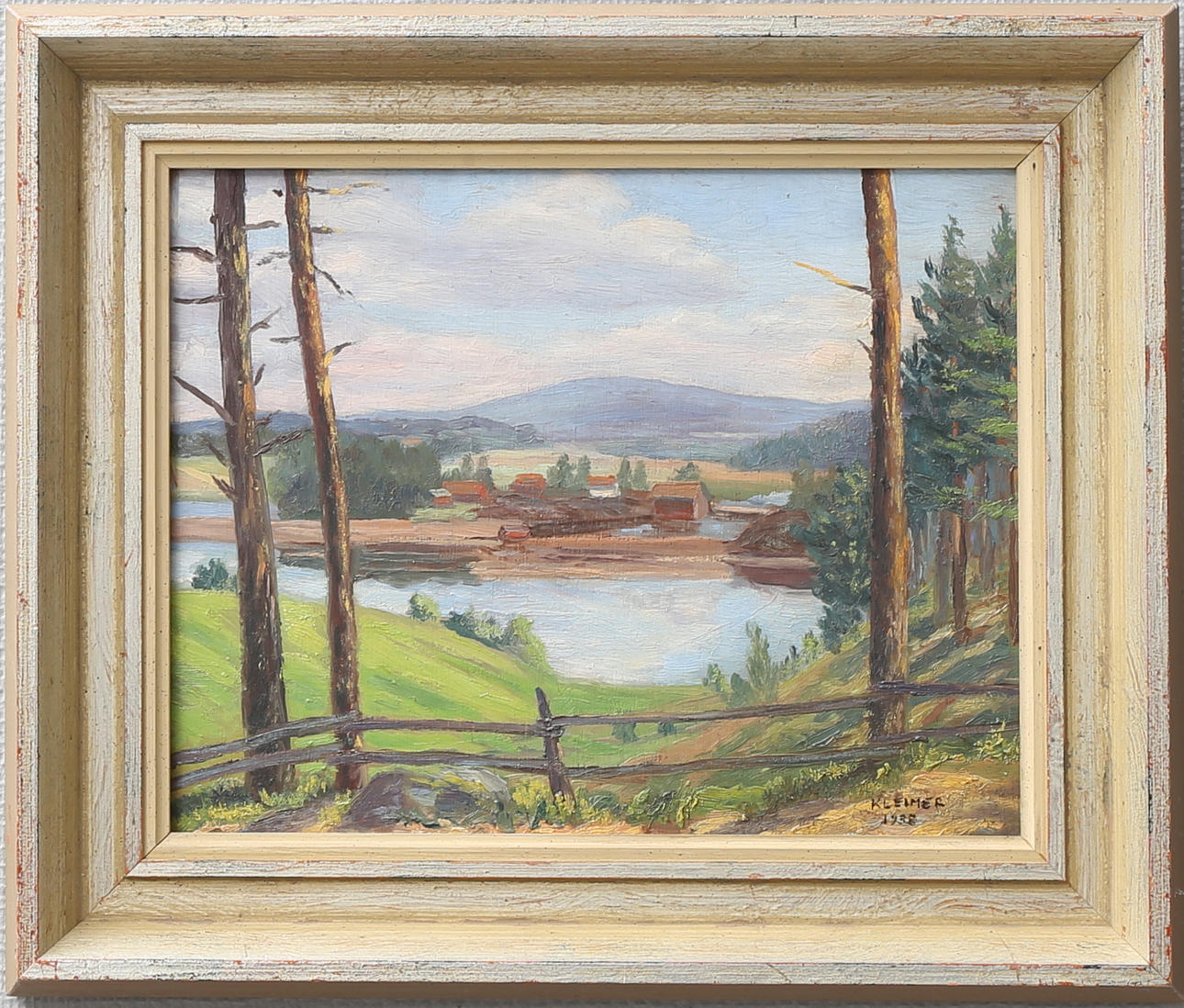 AXEL KLEIMER. "Motiv från Korsnäs - Dalarna", olja på pannå, signerad och daterad 1938.