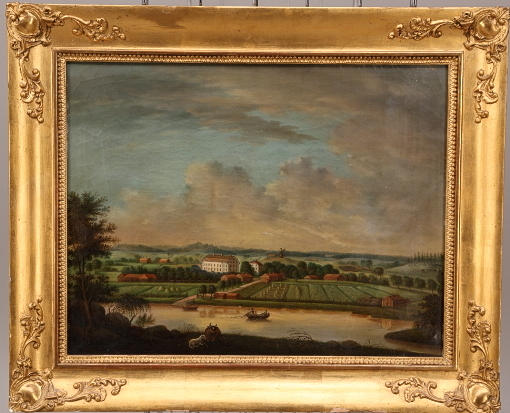 TAVLA, olja duk, osignerad, herrgårdsbyggnad i landskap, 1800-tal.