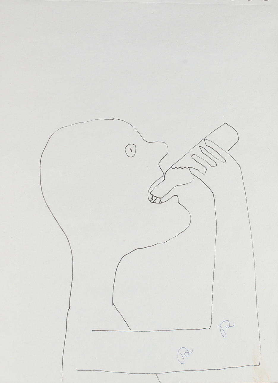 ROGER RISBERG. Drickande Man, tusch på papper, monogramsignerad.