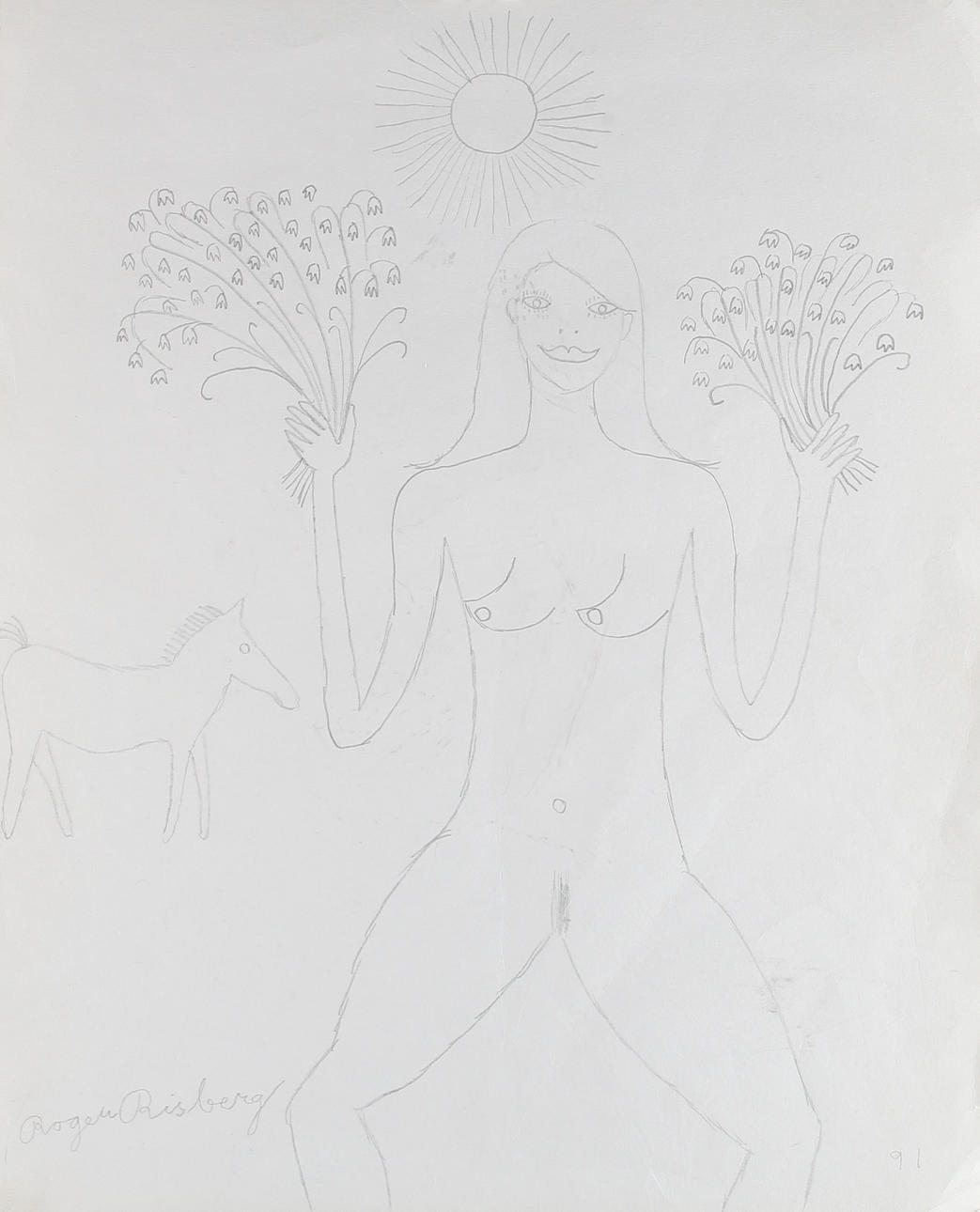 ROGER RISBERG. Den nakna blomsterflickan, blyerts på papper, signerad samt daterad -91.
