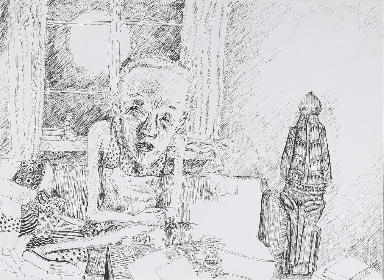 OSKAR KORSÁR. Dam vid bord, tuschteckning, osignerad.