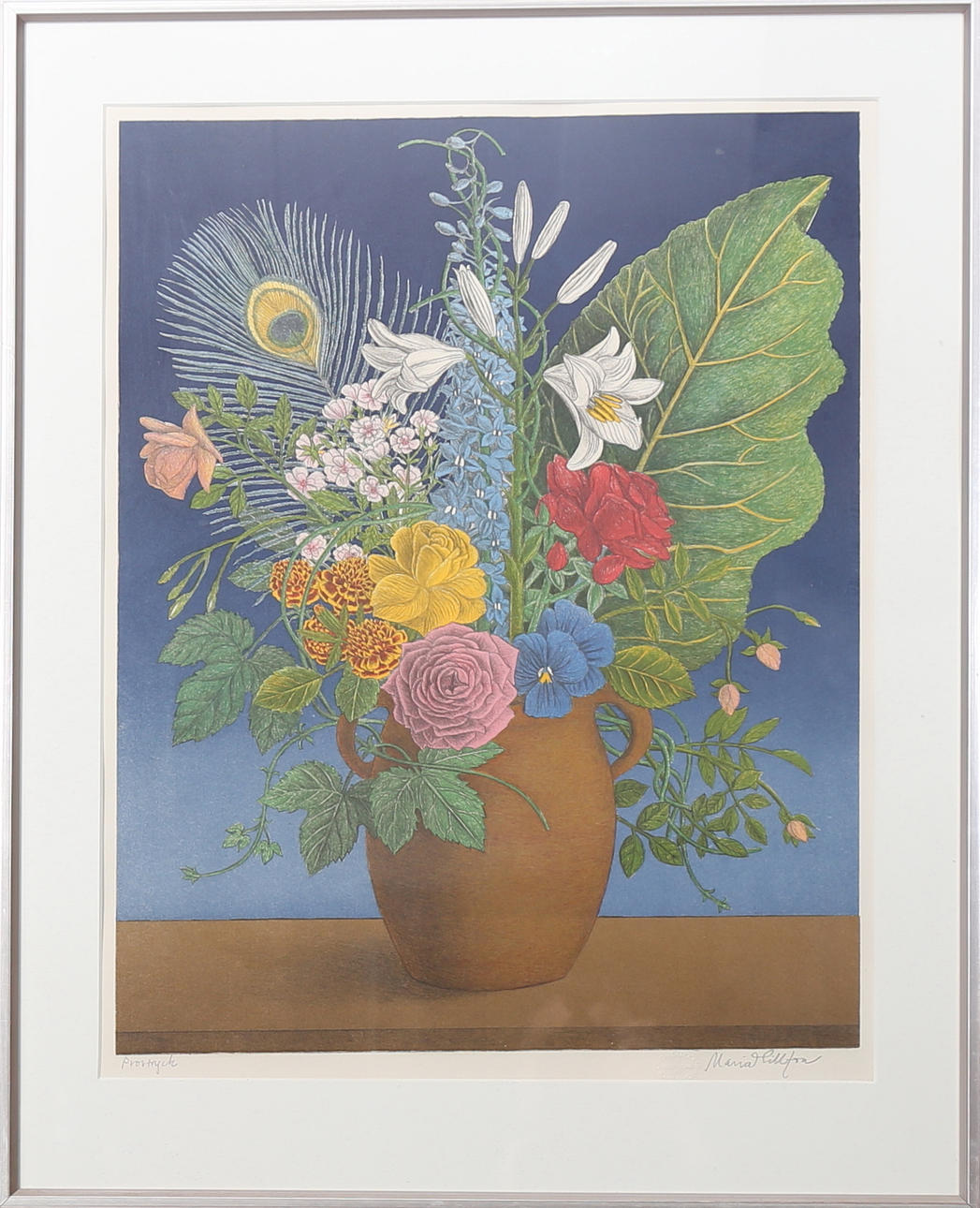 MARIA HILLFON. Stilleben, färglitografi, provtryck, signerad.
