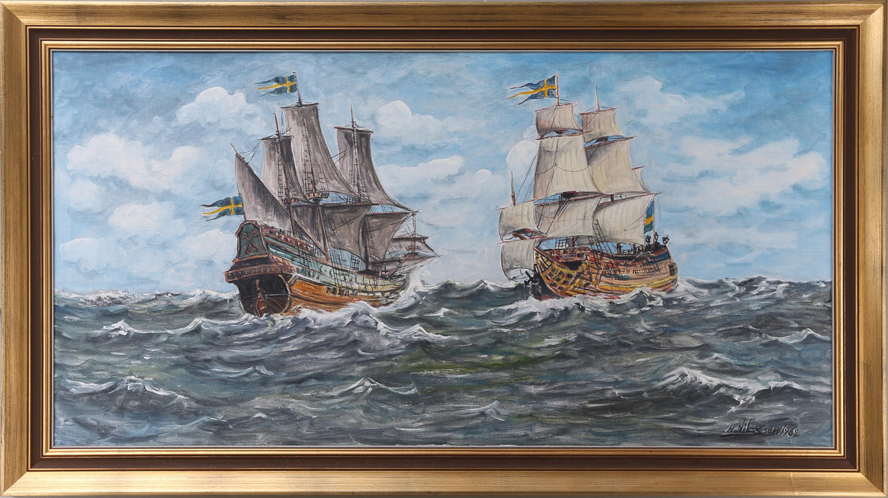 OIDENTIFIERAD KONSTNÄR. Skeppsmotiv, olja på duk, signerad H Nilsson och daterad 1982.