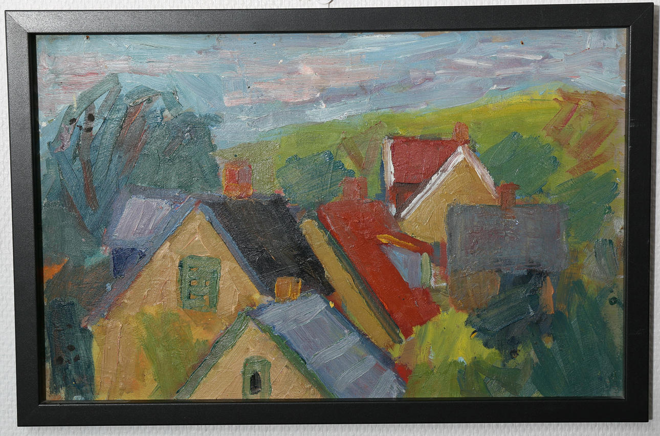 GUSTAV RUDBERG. TILLSKRIVEN. Olja på pannå, Stilleben med hus, ej signerad, daterad -51.