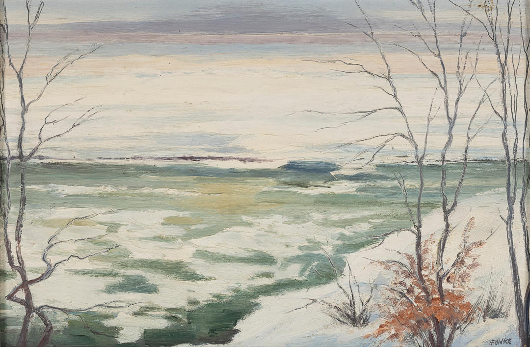 HELMUT FUNKE. " Winterlandschaft am Weiher ". Öl auf Karton.