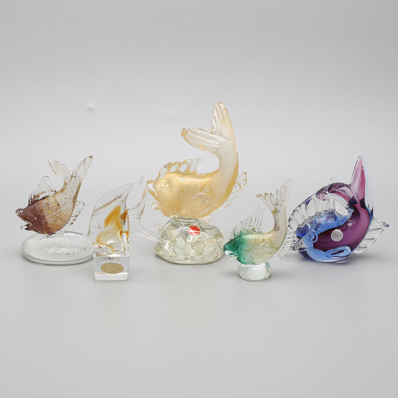 FIGURINER, 5 st, fiskar, glas, Murano.