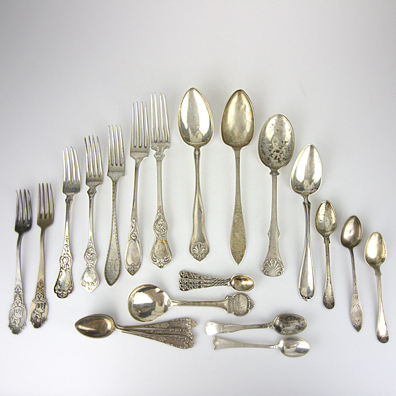 SPOONS and FORKS, 16+7 pcs. silver 830/925, mixed models, 18th 