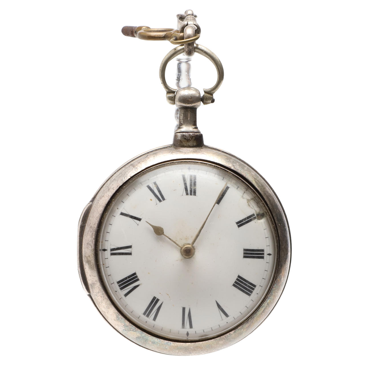 A NINETEENTH SILVER PAIR CASE POCKET WATCH AND CHAIN.