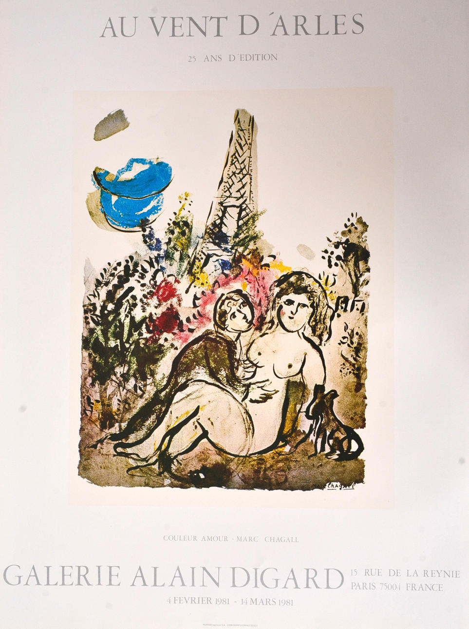 MARC CHAGALL. Exhibition poster, offset printing. Alain Digard Gallery 1981.