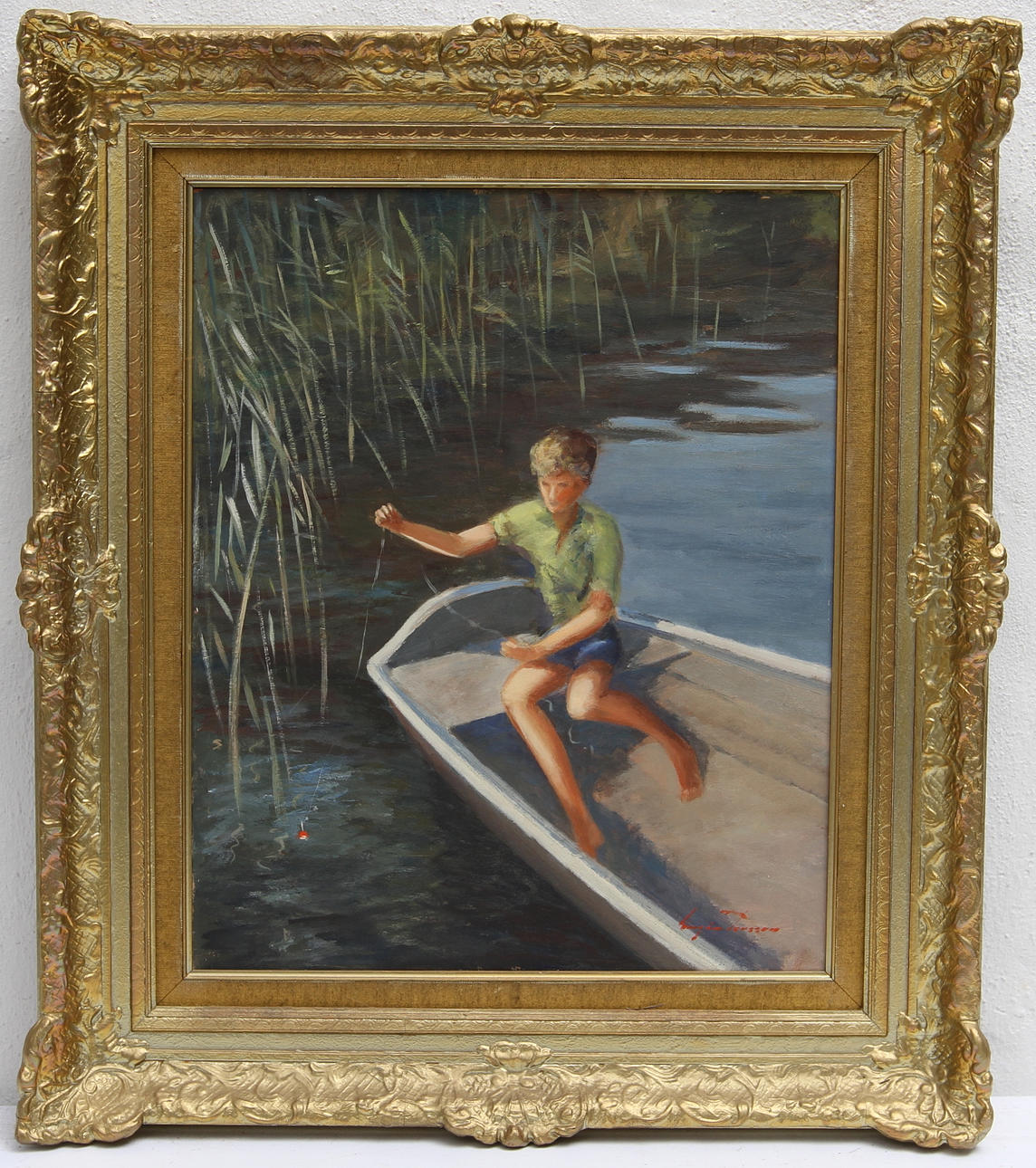 EUGEN PERSSON. Olja på pannå. Metande pojke, signerad.