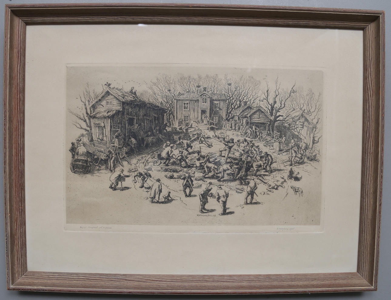 UNO STALLARHOLM. "Slagsmål på auktion". Etsning, signerad, numrerad 28/35 och daterad 1945.