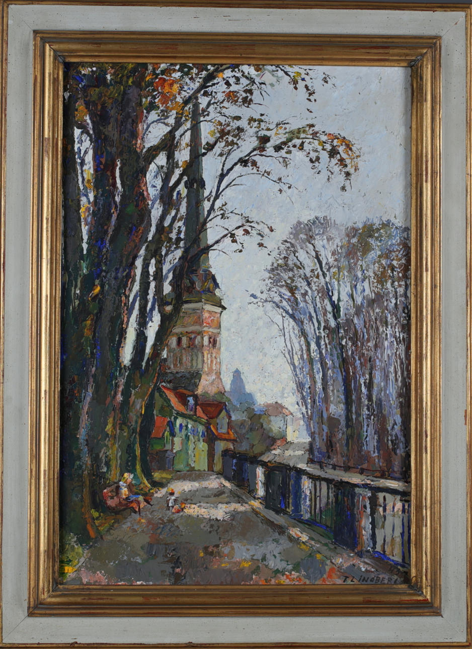 TORE LINDBERG. Figures and church in background, oil on panel, signed.