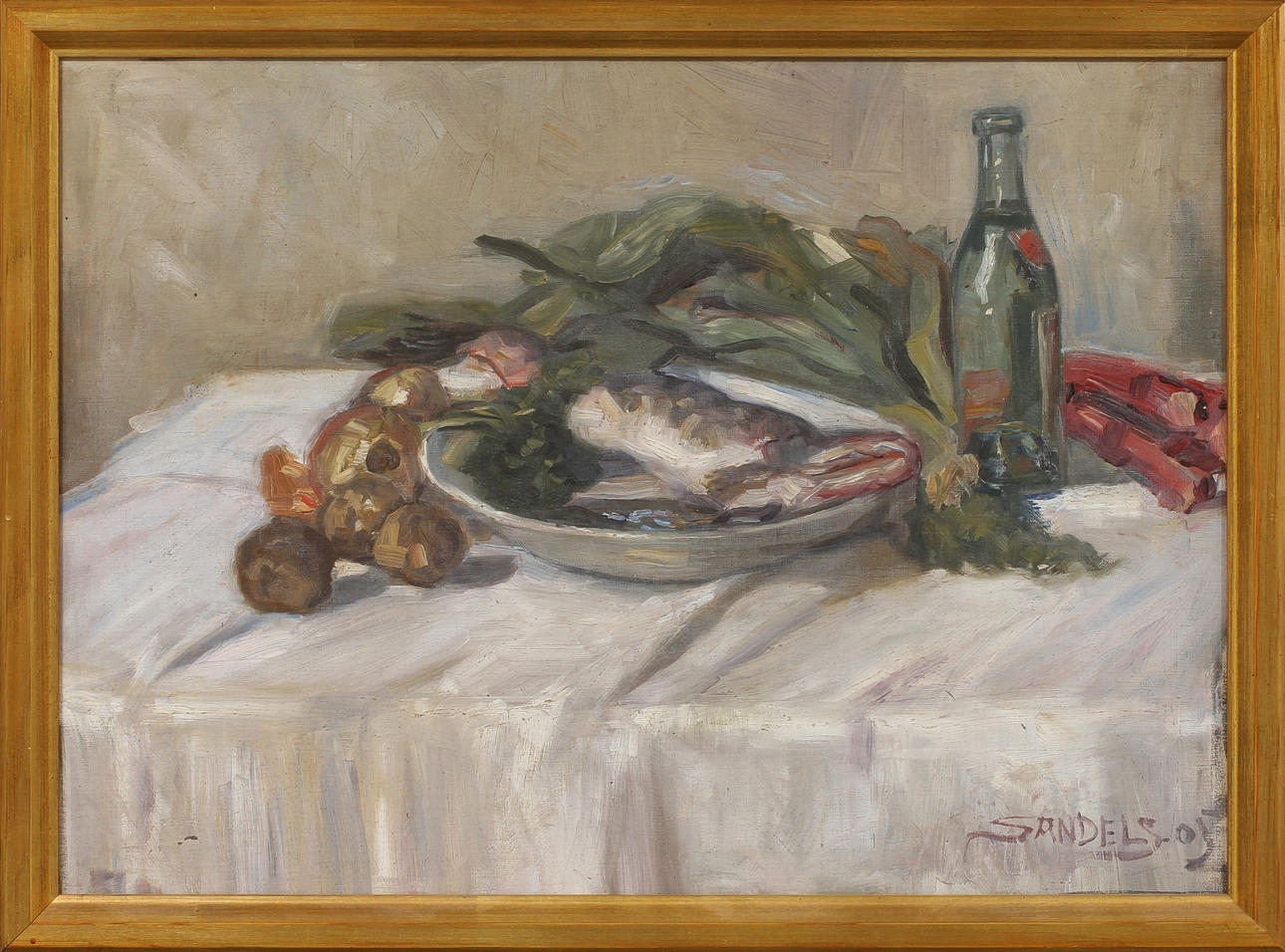 GÖSTA SANDELS. Stilleben med fisk på fat, flaska och grönsaker. Olja på duk, signerad och daterad -05.