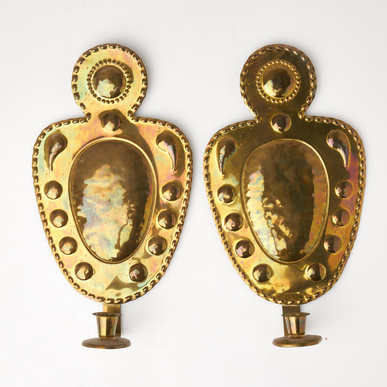 WALL SCONCES. A pair, brass, hammered decor, marked Swärd.