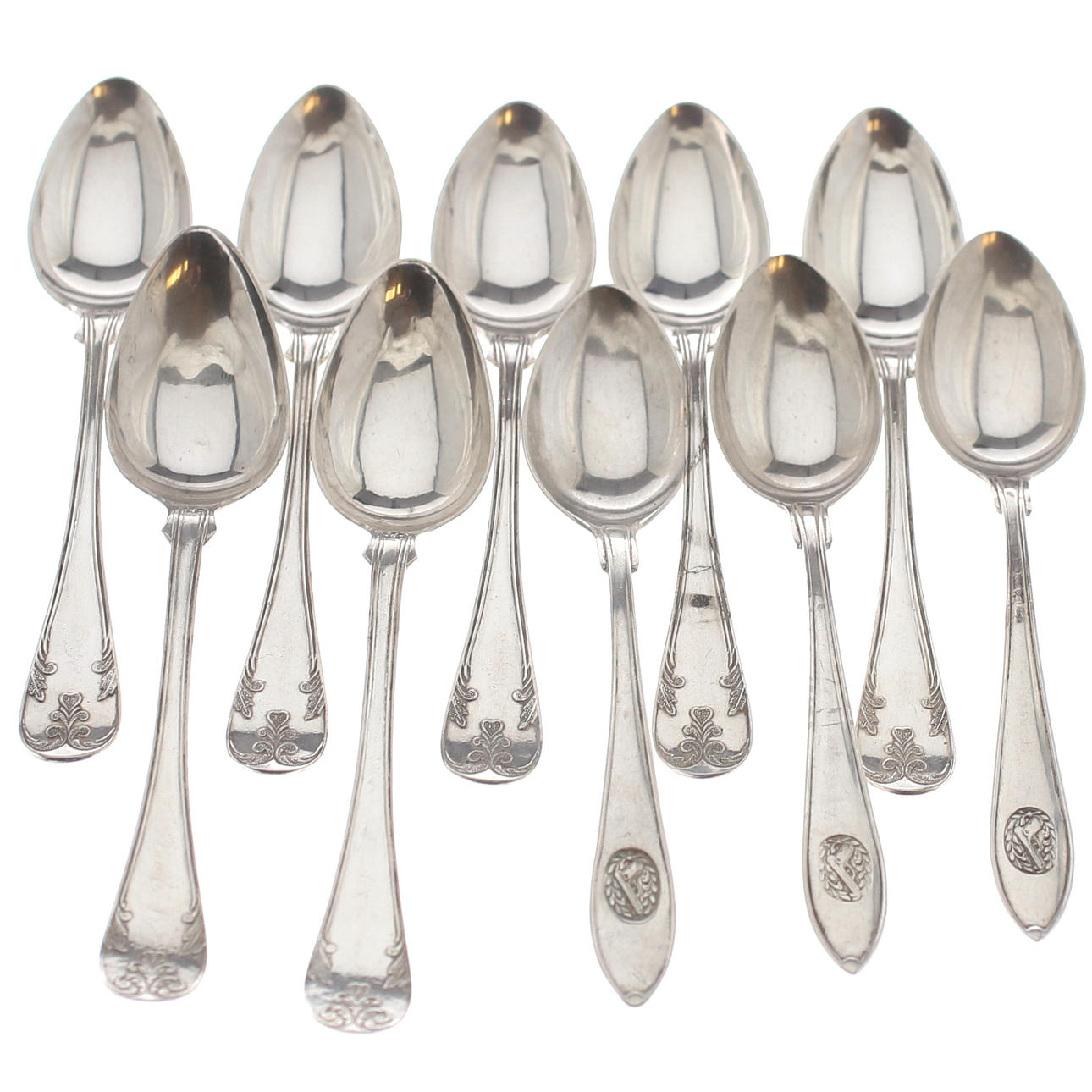 SKEDAR, 10 st, silver, med bl.a Johan Gustaf Hentzell, 18-1900-tal, vikt 132,40 gram.