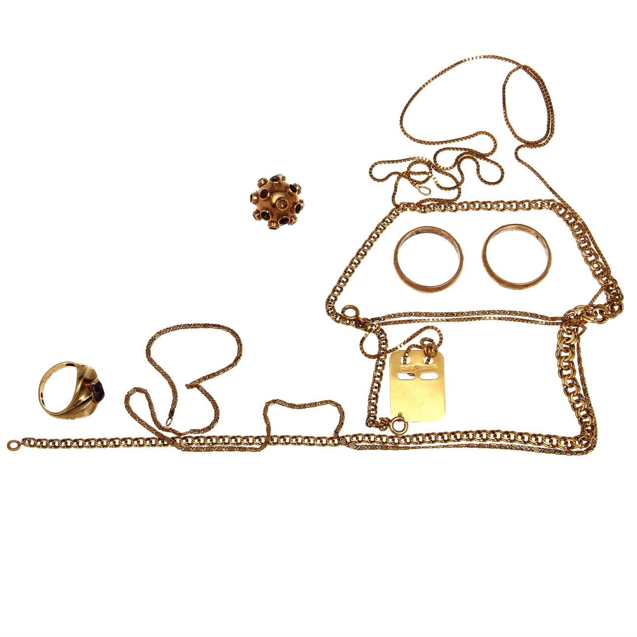 SMYCKEN, 8 delar, 18k guld, vikt totalt 46,7 gram.