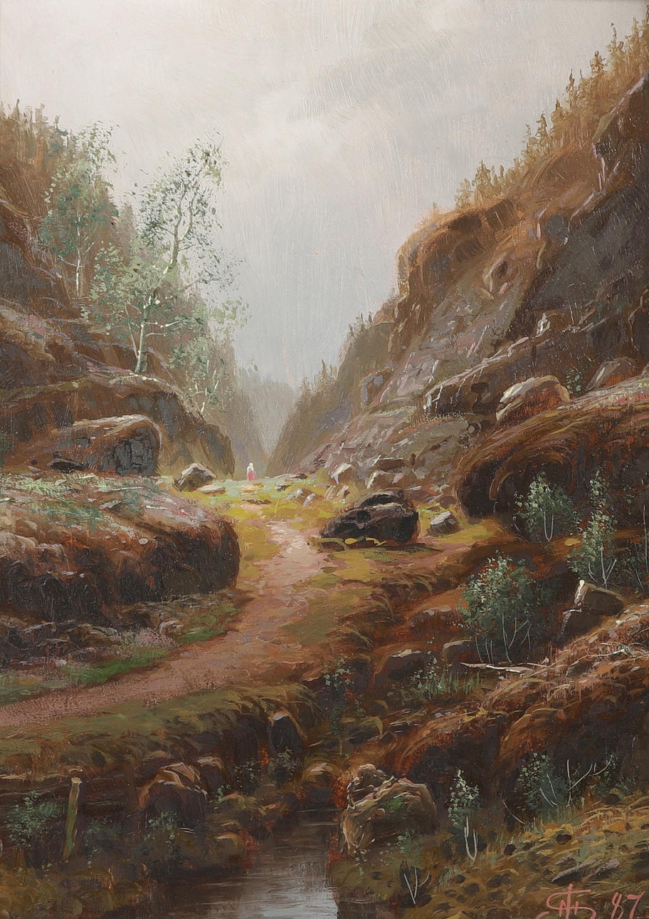 OIDENTIFIERAD KONSTNÄR. oil on panel, landscape, monogram signed, dated -87, 19th century.