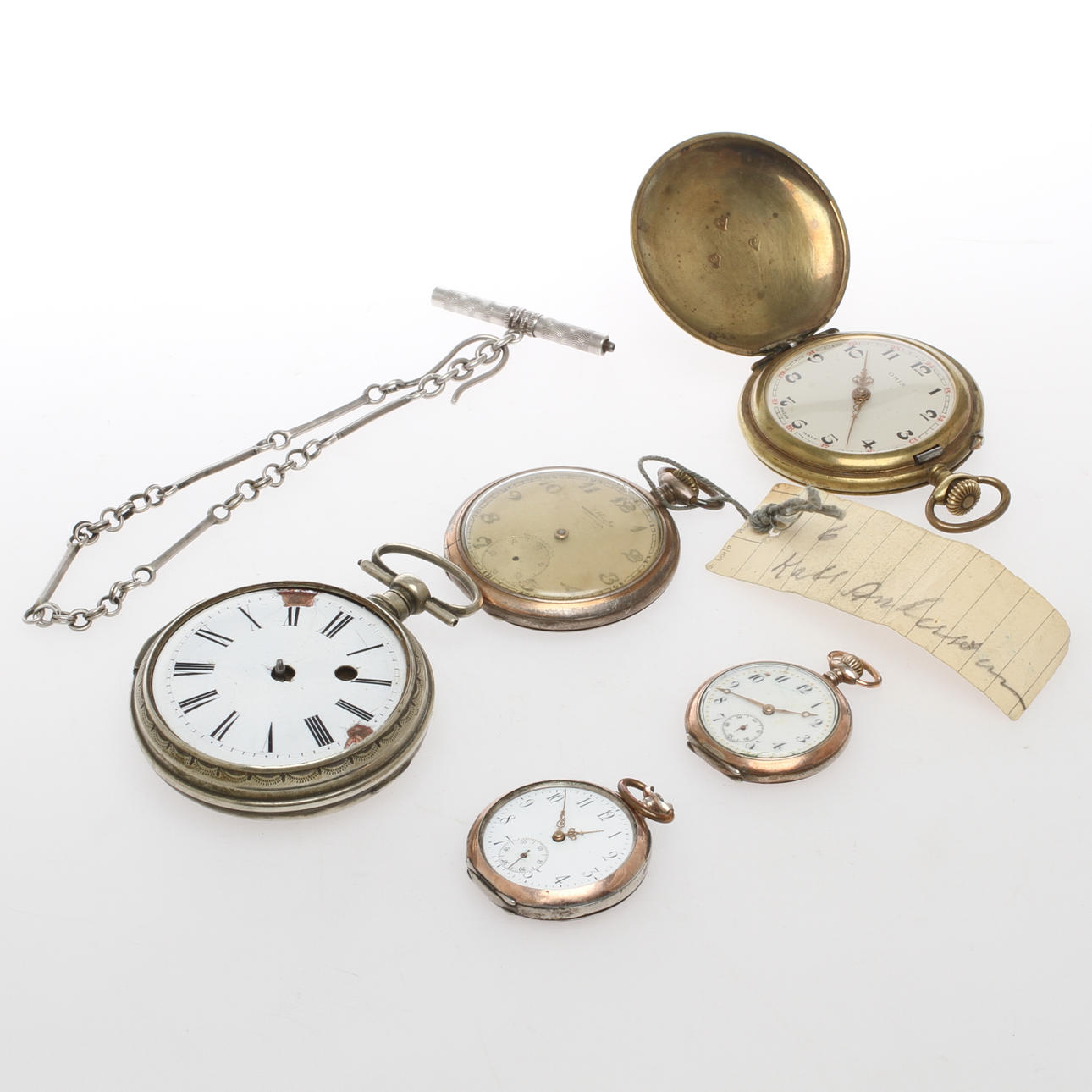 FICKUR 5 st samt KLOCKEDJA med nyckel silver, 1800/1900-tal.