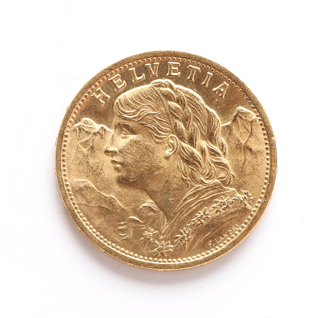 GOLD COIN, 20 Francs, Swiss. Helvetica in 1897. Weight about 6.4 grams.  Coins, Medals & Stamps - Stamps - Auctionet
