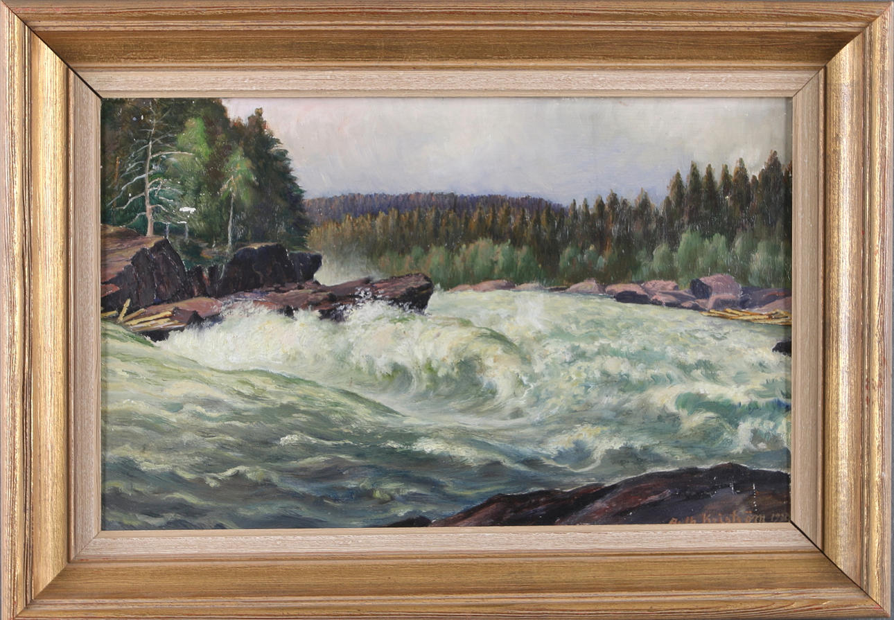 ARTHUR KRISTRÖM. "Fällforsen, Umeå älv", olja på pannå, signerad och daterad 1930.