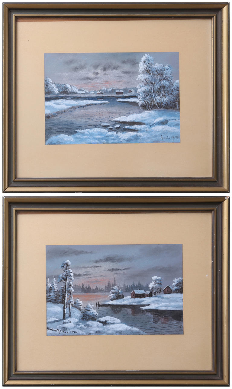AMALIA MILLAR. Vintermotiv med solnedgång, 2 st, blandteknik, den ena signerad 1946.
