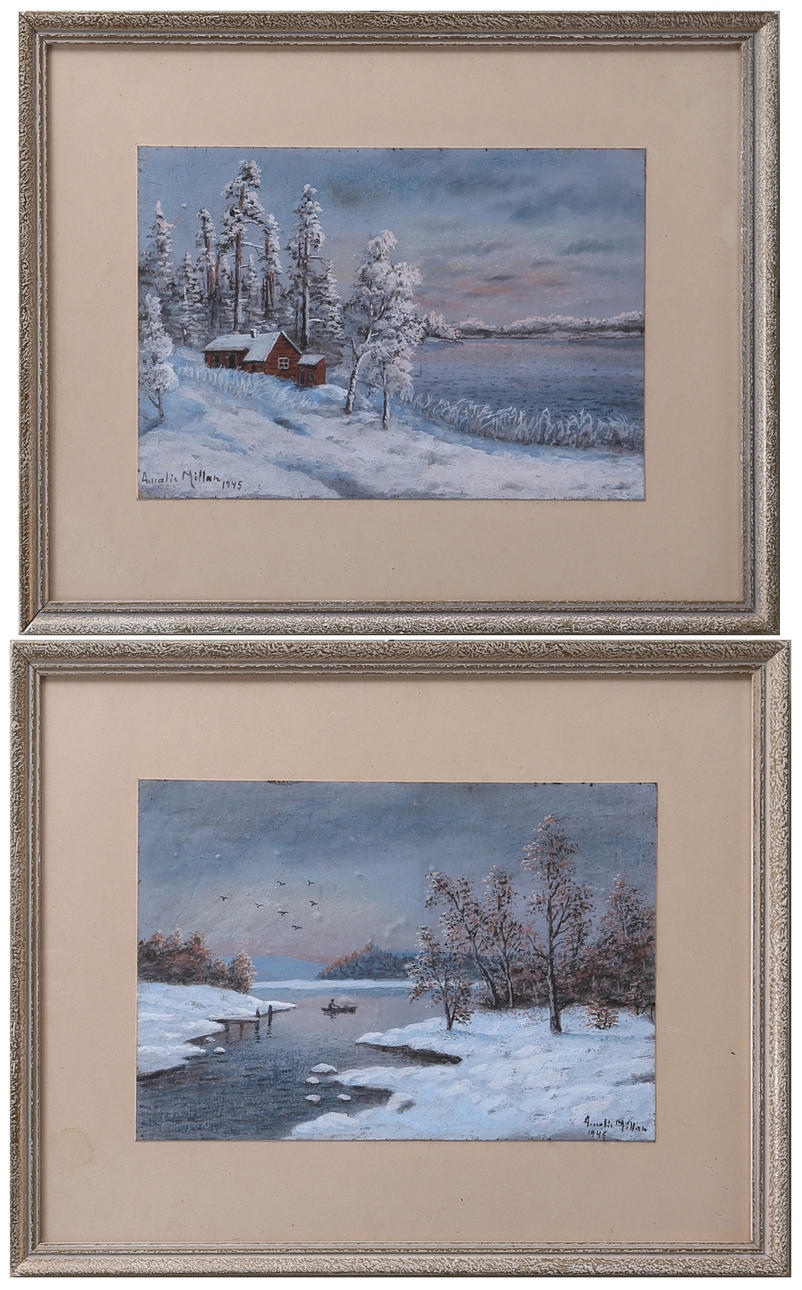 AMALIA MILLAR. Vintermotiv med solnedgång, 2 st, blandteknik, signerade 1945.