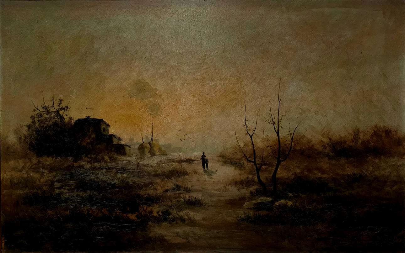 URGELLÈS. PAISAJE AL ATARDECER. ÓLEO SOBRE TABLA.