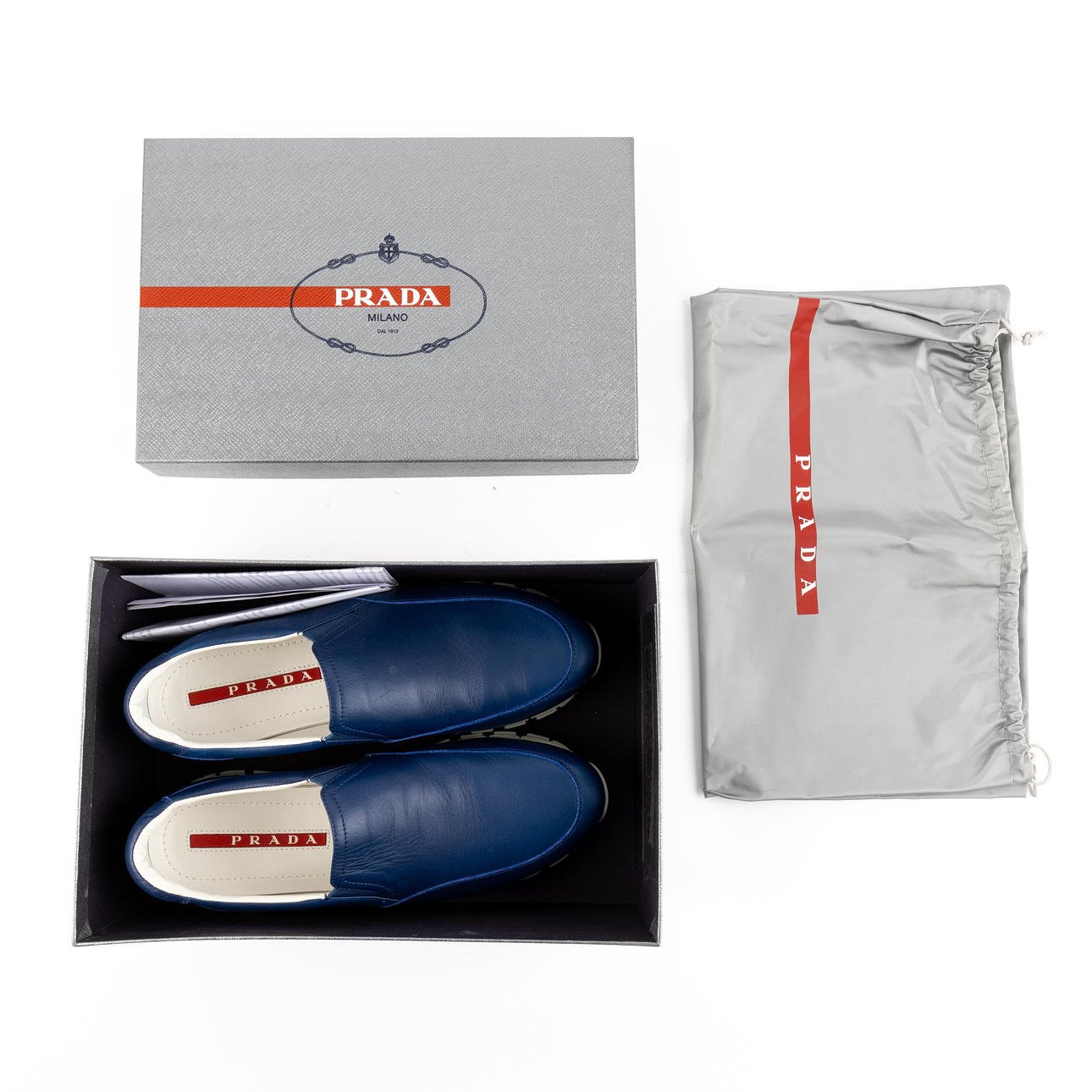 PRADA. Sko, blå læder, str. 39.