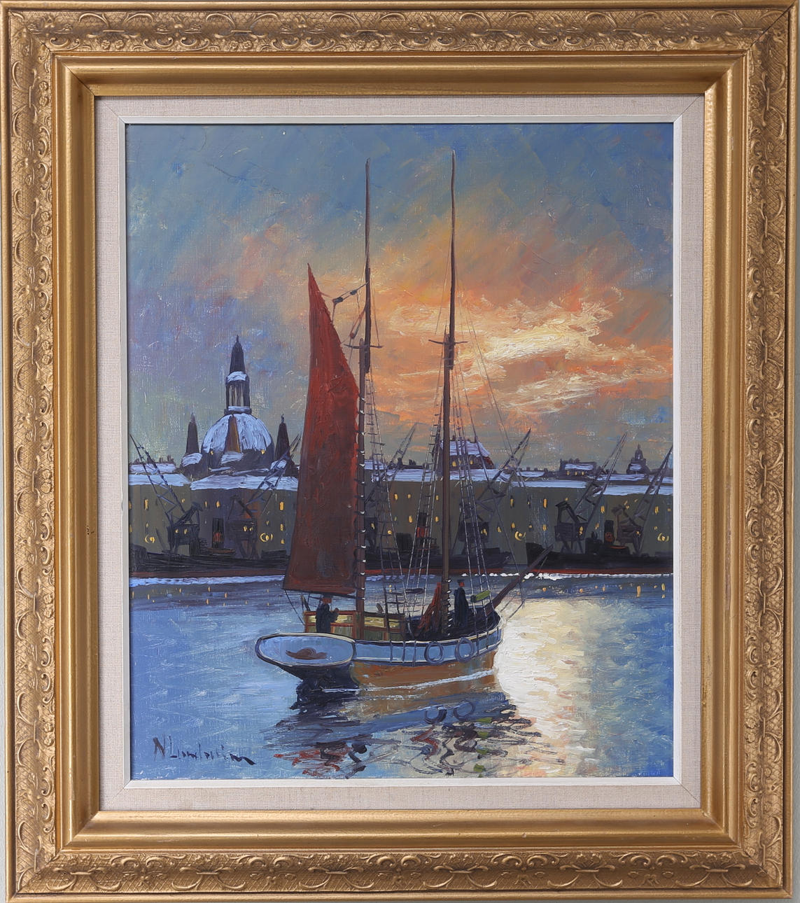 NILS LANDZELIUS. Hamnmotiv, olja på duk, signerad 1900-tal.