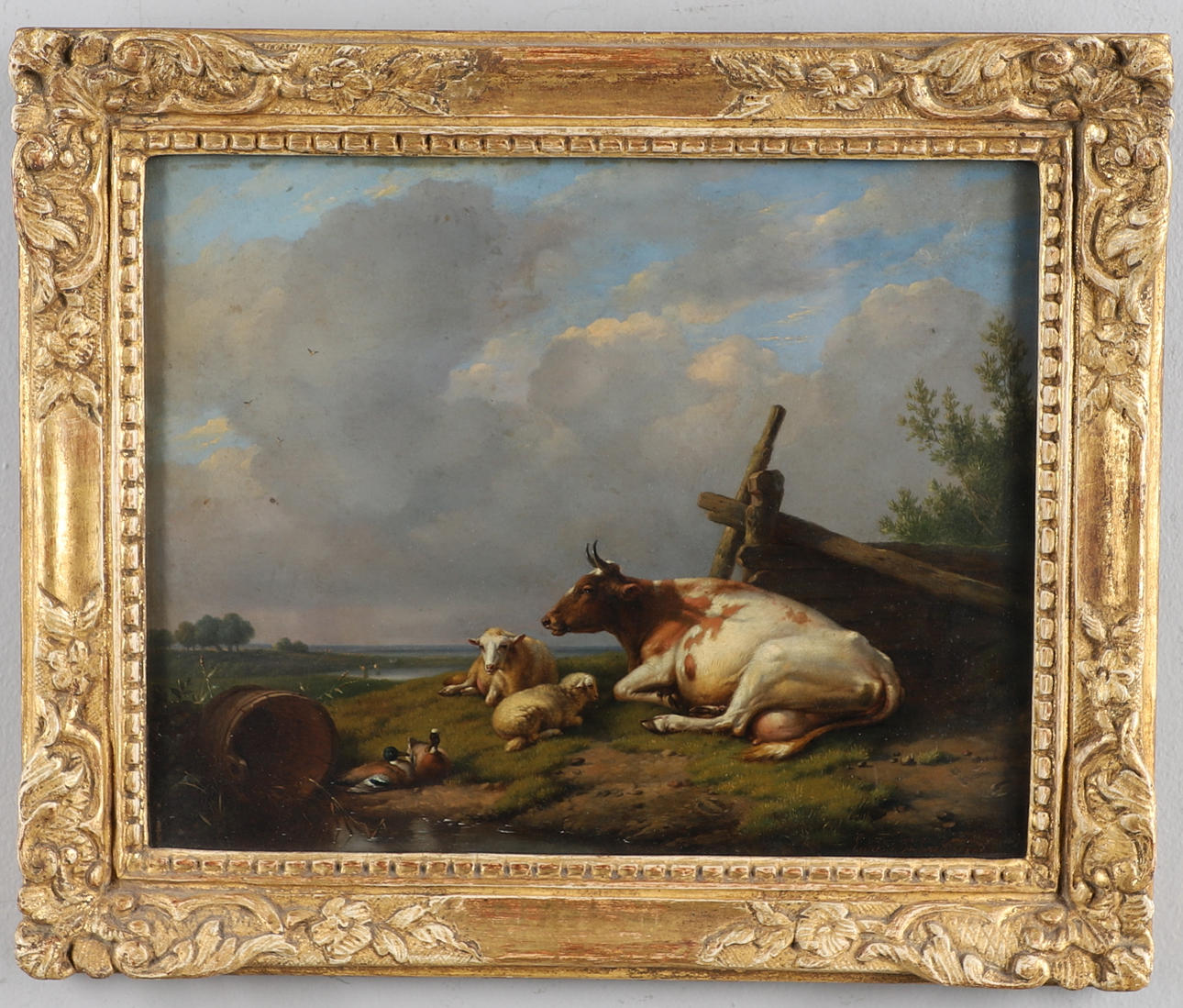 EUGENE JOSEPH VERBOECKHOVEN (1798-1881). A COW RESTING, WITH SHEEP AND DUCKS, BY A STREAM.