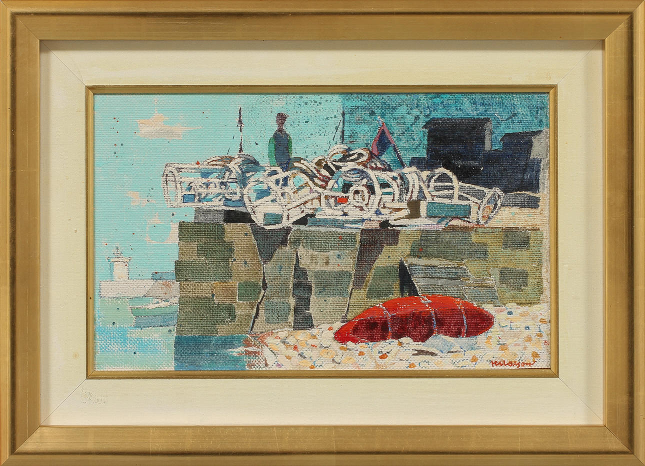 AXEL OLSON. Kräftburar på kajkant, olja på duk, signerad.